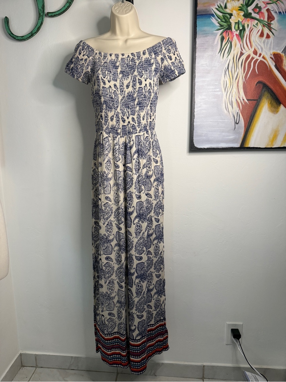 Angie Off-Shoulder Blue and White Paisley Maxi jumpsuit with Red Hem Trim
